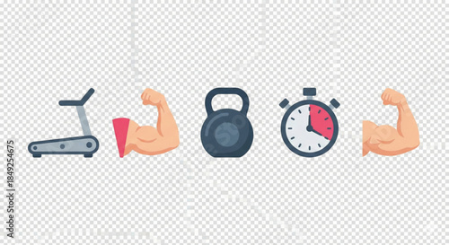 Fitness and exercise icons treadmill, dumbbell, stopwatch, and flexing bicep