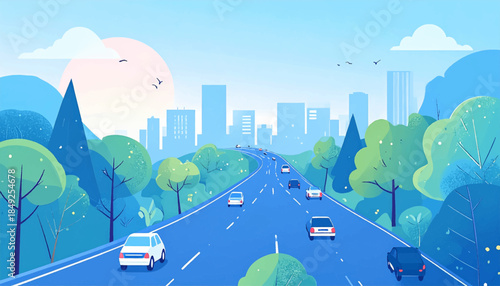 Cars drive along a road towards a city backdrop, framed by stylized trees and a large rising sun