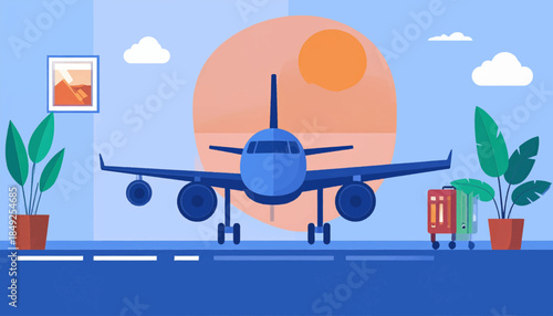 Cartoon airplane parked with luggage, potted plants, art and clouds against a sunset backdrop