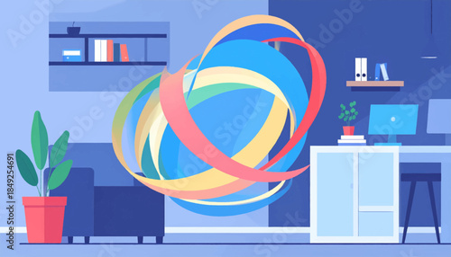 Blue-toned room interior with stylized furniture and decorative sphere with orbiting colored ribbons for visual intrigue