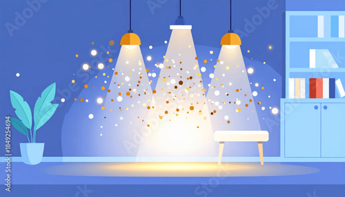 Cartoon scene of a room with lamps shining on a bench, with plant and bookcase