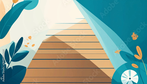 Abstract illustration with a wooden deck path, foliage, and blue backdrop in a modern, minimalist style