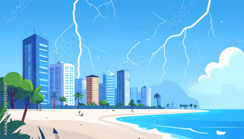 Cartoon beach with city skyline under bright blue sky and lightning strikes near the water's edge