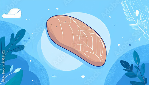 Animated illustration of a chicken breast on an abstract blue background with plants