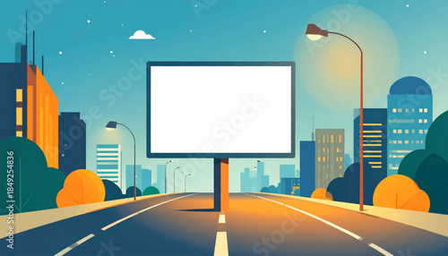 Cartoon billboard blank facing road with city skyline, streetlights under a blue sky in evening light