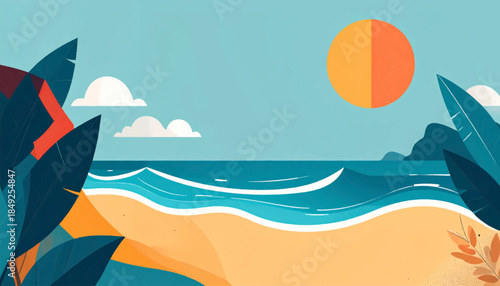 Bright beach illustration, sunny day, waves, stylized leaves, calm blue sky and teal water color blocks