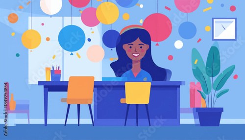 Cartoon of woman smiling behind a desk with celebratory balloons in an office space with a plant and chairs