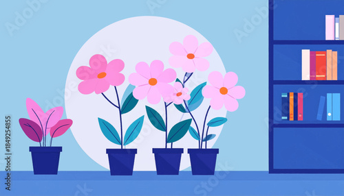 Cartoon of pink flowers in pots and a bookshelf against a light blue wall