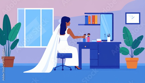 Bride in white dress and veil sits at vanity desk getting ready with makeup in soft-hued room