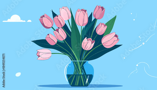Cartoon bouquet of pink tulips in a blue glass vase on a light blue background with clouds and line art