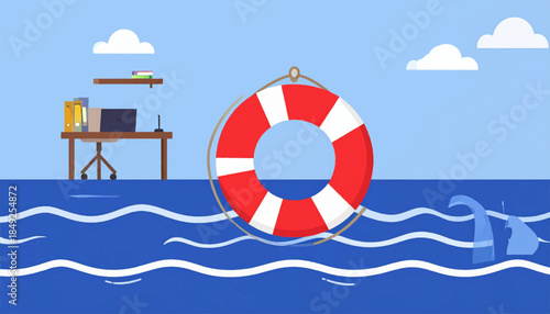 Cartoon office adrift in the sea with a life preserver and shark fins under a light blue sky with white clouds