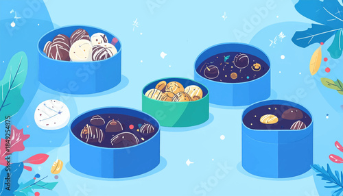 Artistic dessert display featuring assorted treats in vibrant blue and green containers, set against a pastel backdrop