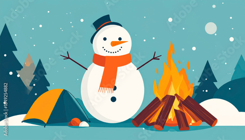 Cartoon scene with snowman, campfire, tent, and falling snow in a winter landscape