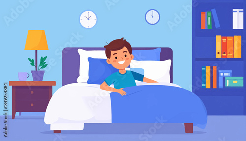 Cartoon boy wakes up in a bedroom