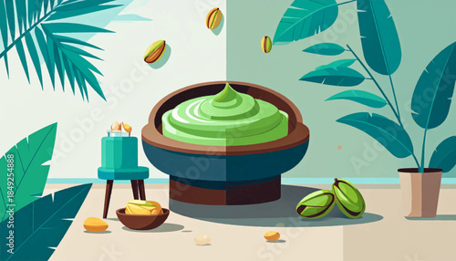 Artistic digital illustration depicting pistachios, plants, and green dip in a bowl