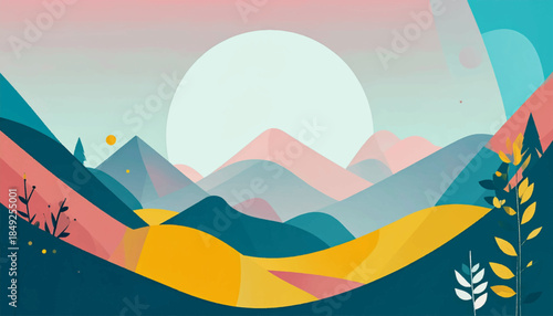 Abstract landscape with geometric hills, stylized foliage, and a large, pale sun. Flat graphic design in muted colors