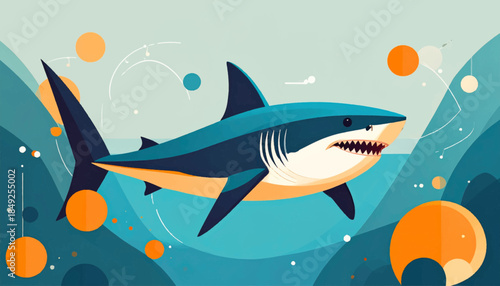 Cartoon shark illustration with jagged teeth swimming in the ocean with floating circles and lines