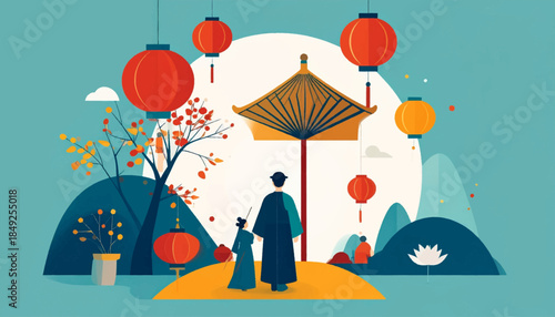 Asian-inspired landscape with people, lanterns, parasol, hills, foliage, and serene teal-toned palette