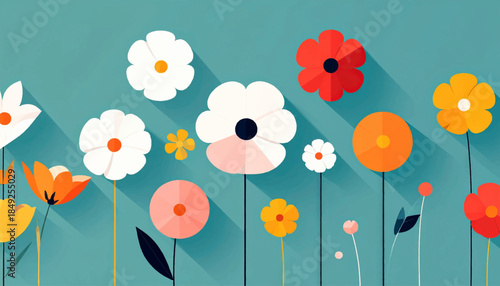 Colorful, flat-style flowers on stems with long shadows against a teal backdrop, arranged in a whimsical floral composition