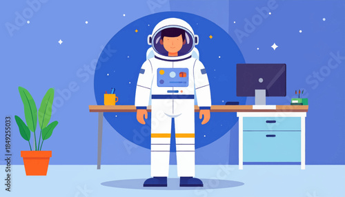 Astronaut standing in a space themed office, desk, monitor, plant, and stars on blue wall