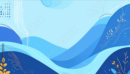 Abstract landscape with rolling blue hills and sparse yellow-green foliage. Artistic painted background