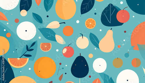 Colorful flat-style illustration of fruit and leaves arranged on a teal background in a cheerful, playful design
