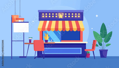 Cartoon shop facade with awning, chairs, and plants against a soft blue backdrop