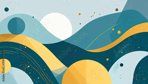 Abstract landscape with shapes, in blues, yellows, & whites, a sun over rolling hills, a stylized, modern design