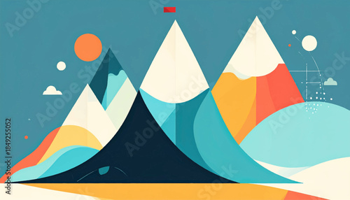 Colorful flat mountain landscape with sun, moons, cloud and geometric accents against a teal sky backdrop
