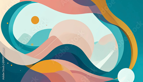 Abstract landscape with soft, curving shapes in blue, peach, and orange tones, evokes tranquility and minimalist style