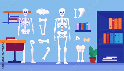 Cartoon skeletons stand near desks and bookshelves in a blue room with a houseplant in a pot