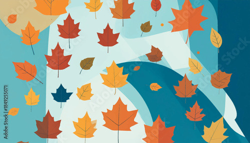 Autumn leaves in warm tones float on a blue and tan background. Playful, whimsical, and seasonal