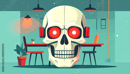 Cartoon skull wearing headphones in a minimalist office with chairs, plant, desks, and hanging lamps