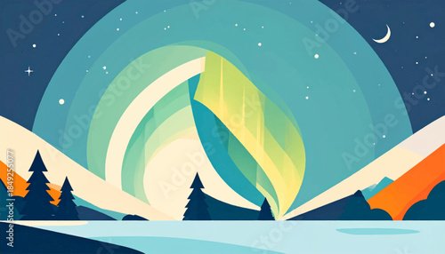 Abstract landscape with stylized aurora, pines, mountains, snow, moon, stars in varied blue, green and orange tones