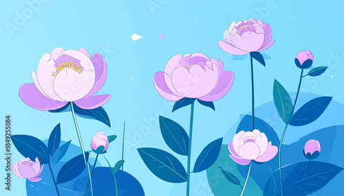 Artistic arrangement of pink peonies and blue leaves against a light blue backdrop