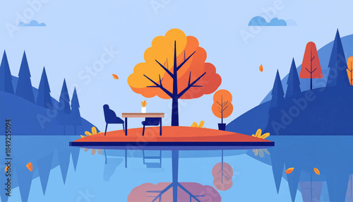Autumnal island scene with table, chairs, colorful trees and reflections in the water in a simple, flat style