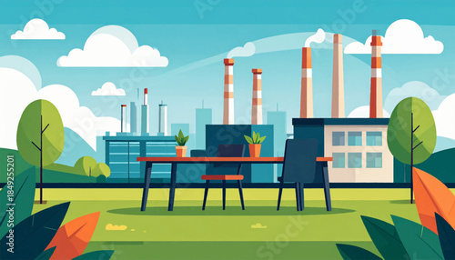 Colorful illustration of an outdoor workspace by a factory