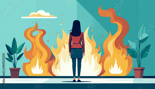 Back view of a woman facing large flames in a room with plants and minimalist decor against a teal background