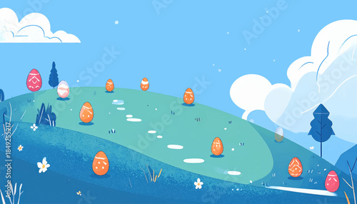 Easter egg hunt illustration in a stylized blue hilly landscape with flowers, trees, and clouds in the background