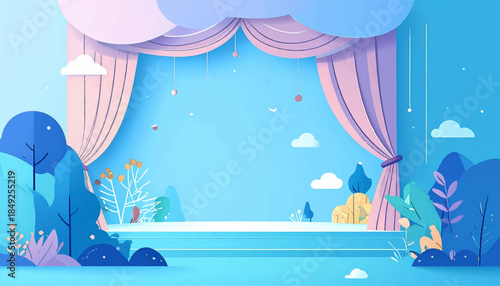 Cartoon stage with curtains, blue backdrop, stylized plants, steps, evoking calm, child-like wonder, and freshness