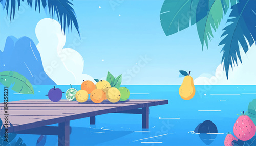 Colorful illustration of fruit on a wooden dock over water on a tropical sunny day with palms