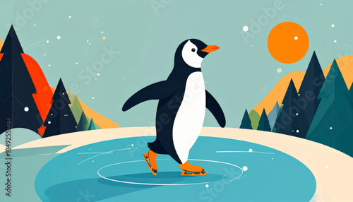 Cartoon-styled penguin skates on a blue ice rink surrounded by abstract, stylized trees and a bright, orange sun