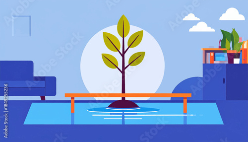 Cartoon-styled interior of a room with a tree growing through floor, chair, shelves, rug, and stylized sky background