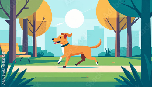 Cartoon style dog walking in a park with trees, a bench, and a distant city skyline under a white sun