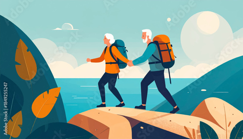 Elderly couple hiking in a vector-style landscape near water, holding hands, with foliage and sunny sky