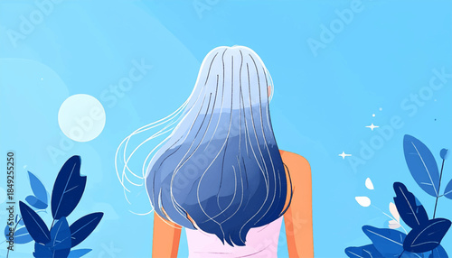Back view of person with blue-white hair. Blue sky, moon, foliage backdrop, and stars. Light airy feel