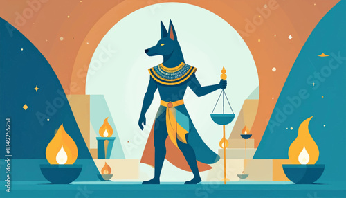 Egyptian god of afterlife with jackal head holding scales, surrounded by flames, in a flat design
