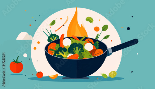 Colorful illustration of stir-fried vegetables in a wok with flame, vegetables and citrus, and a clean backdrop