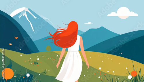 Back view of a woman with flowing red hair in white dress on a grassy hill facing mountains