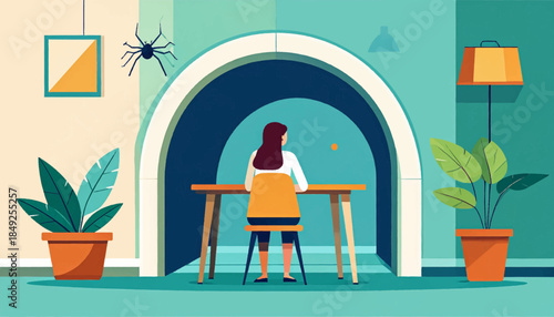 Back view of a woman sitting at a table in a well-lit room, adorned with plants and an archway